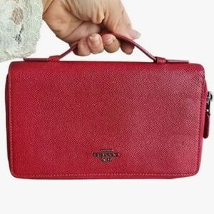 Coach Double Zip Travel Wallet Red Leather Wristlet Pebble Grain